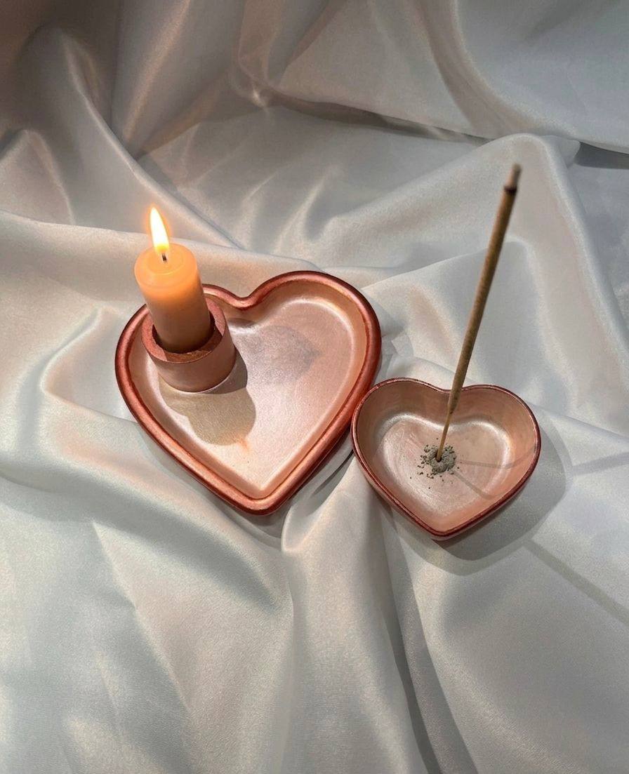 Rose Gold Kalp Tütsülük ve Şamdan Seti